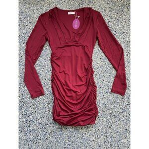HALIFE Branded Red Long-sleeve V-neck Ruched Mini Dress Size Small NWT